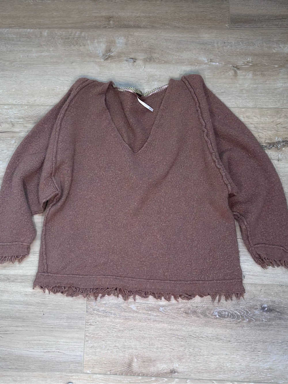 Free People Rust Brown V-Neck Fringe Trim Sweater
